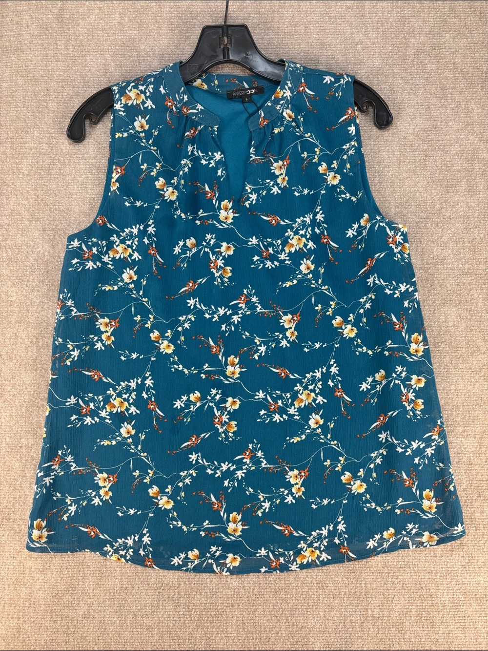 Papermoon Teal Floral Sleeveless Split-Neck Camisole Top Blouse Size S NWT